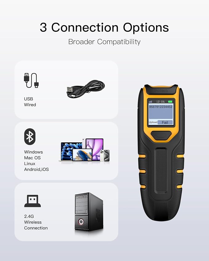 Inateck Barcode Scanner Wireless,Portable Bluetooth Barcode Scanner with Screen,1D Code Scanner Kabellos 2.4GHz,Handscanner with APP and SDK, BCST-49