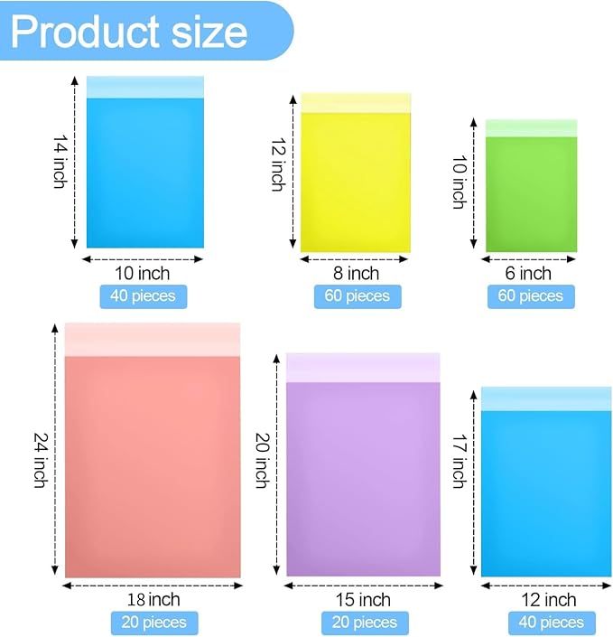 Outus 240 Pcs Poly Mailers Variety Size Pack Mailing Shipping Bags Assorted Sizes Shipping Envelopes Self Adhesive Waterproof and Tear Proof Packaging Bags for Clothing Book Gift(Mixed Color,6 Sizes)