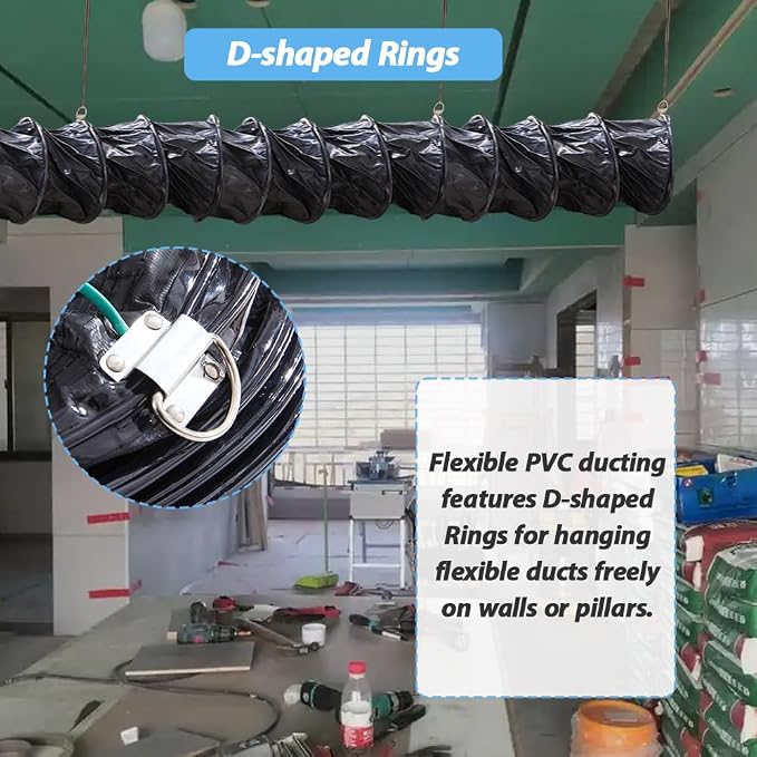 12 Inch Explosion-Proof Flame Retardant HVAC Ducting with Adjustable Rope and D-Ring, 16ft Antistatic PVC Flexible Duct Hose for Ventilation, Exhaust, Drying, and Cooling Applications (12in x 16ft)