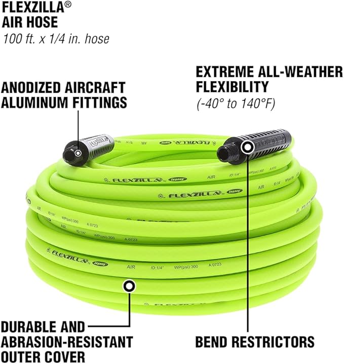 Flexzilla Air Compressor Hose, 1/4 in. x 100 ft., 1/4 in. MNPT Fittings, No-Kink, All Weather, Lightweight, Premium Hybrid Polymer, 300 PSI, ZillaGreen
