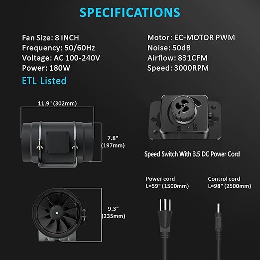 Toolazy 8 Inch Inline Duct Fan 831 CFM, EC Motor Vent Booster Exhaust Fan with 0-100% Variable Speed Controller, Ventilation Fan for Grow Tent, HVAC, Basement, Workshop, Garage, Commercial Space