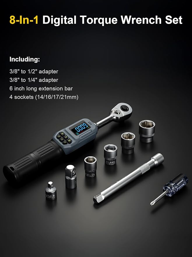 GROWNEER Digital Torque Wrench, 2.2-44.2 Ft-lbs/3-60 Nm, 3/8'' Drive Rachet Torque Wrench with Buzzer & Colorful LED Indicator, Electronic Torque Wrench Set for Bike Motorcycle Auto Repair