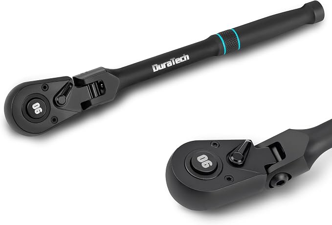 DURATECH 3/8-Inch Drive Flex-Head Ratchet, 90-Tooth Quick-Release Ratchet Wrench with 180° Pivoting Head and 7-Position Setting, Reversible, CR-V Made, CR-MO Head, 4° Swing, Black Mn Phosphate Finish