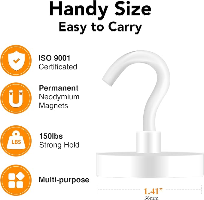 MIKEDE Magnetic Hooks Heavy Duty 170LB Super Strong Hooks for Cruise | Neodymium Earth Magnets with Hook for Hanging Magnetic Metal Hanger for Fridge Toolbox Storage White 4 Pack