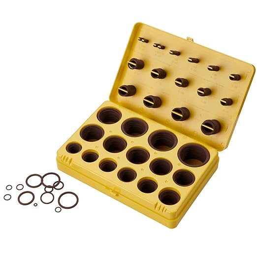 BUSY-CORNER 382 Pieces FKM O Ring Kit, Fluorocarbon 75A, 30 Inch Sizes, Chemical Resistant and Oil Resistance O-Rings for Various Chemicals, Hydraulic, Cylinders, Plumbing (Yellow Box, Brown Orings)