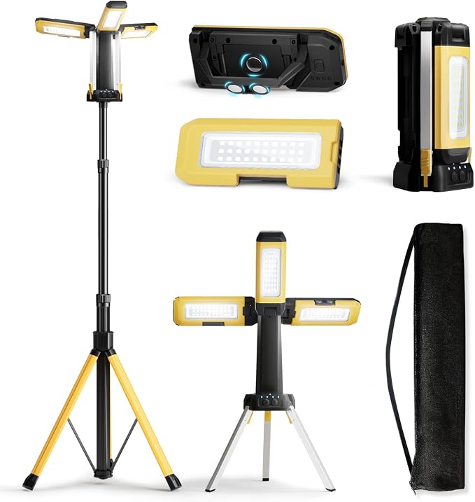 Rechargeable Work Light with Stand, 3 Detachable Panels (Large) | 10000mAh battery, Independent light panels, Telescopic tripod, Built-in feet, Storage bag, Yellow portable work light