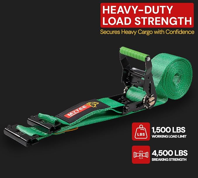 Mytee Products 20 Pack 2" x 16' Green E-Track Ratchet Tie Down Straps 1,500 lbs WLL, 4,500 lbs BS, Spring-Loaded Double Stud E-Fittings for Enclosed Trailers & Trucks, Padded Handles & Storage Bag