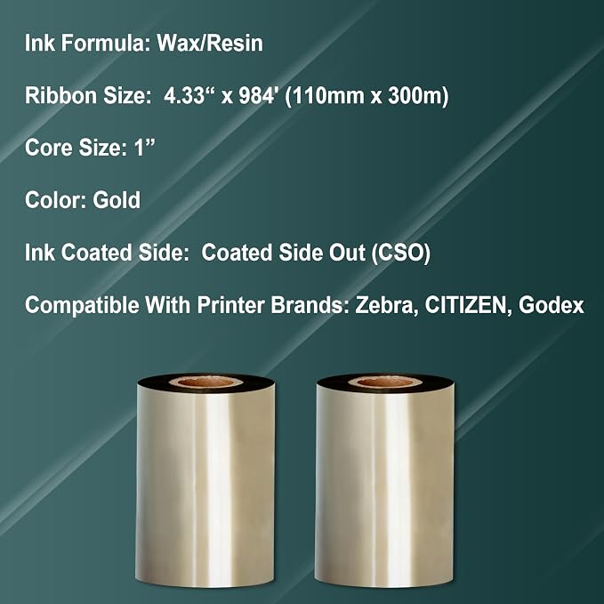2 Rolls 4.33" x 984'(110mm x 300m) Gold, Wax/Resin Thermal Transfer Ribbon, Core 1", Ink Outside, Barcode Ribbon Compatible with Zebra Printer