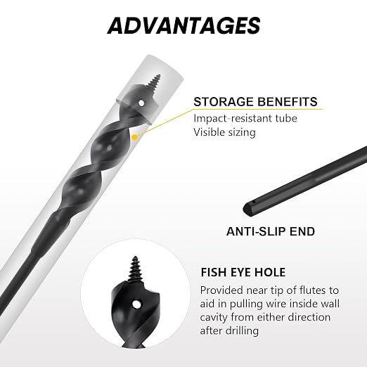 72" Flexible Installer Drill Bit for Pulling Wires in Walls, Ceilings, and Sidewalks, 9/16" Auger with Screw Point & Fish Eye, 3/16" 3-Flat Shank for Wood & Conduits, with Wire Puller & Storage Tube