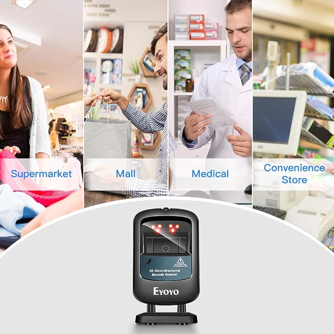 Eyoyo 2D Hands-Free Barcode Scanner, Omnidirectional USB Wired Desktop Barcode Reader 1D 2D PDF417 Data Matrix Bar Code Reader with Automatically Scanning for Retail Store Supermarket Mall Business