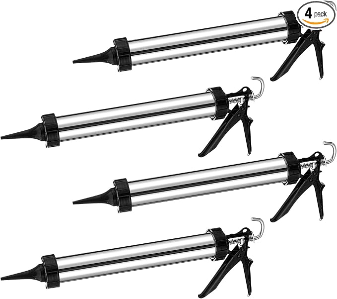 4 Pack Sausage Caulking Gun, 20 oz Stainless Steel Caulk Gun with 4 Cone Nozzles, 18: 1 Thrust Ratio, Heavy Duty Caulking Tools for Construction, Bathroom, Window