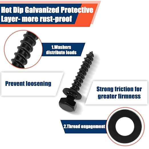 Tandefio 100 Pack 5/16''x2'' Hex Head Lag Bolts for Wood Ceramic Black Lag Screw Kit with Washers Heavy Duty Hot Dip Galvanized Coating Double Layer for Decks Fences
