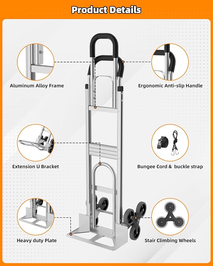 Aluminum 2 in 1 Hand Truck Dolly Cart with 6 Wheels, 600 Lbs Capacity, Heavy Duty Stair Climbing Dolly with Dual Handles, Bungee Cord & Strap for Flat Ground & Stairs, Warehouse, Home, Office, Silver