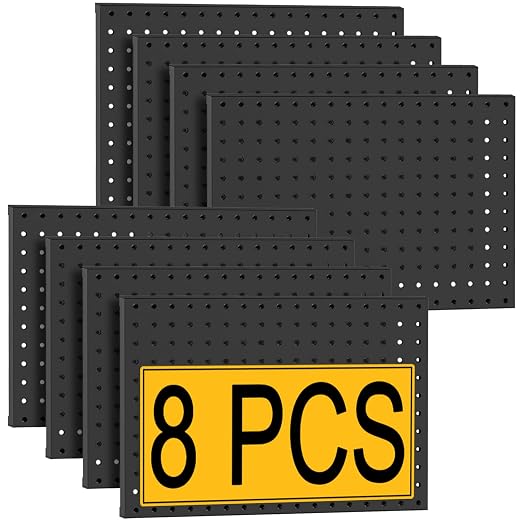 PBHEPJ 8 Pcs Metal Pegboard Panels, Heavy Duty Peg Boards for Garage and Garden Tool Storage, Includes Drywall Anchors and Screws Kits, Black (8 pcs 16in x 12in)