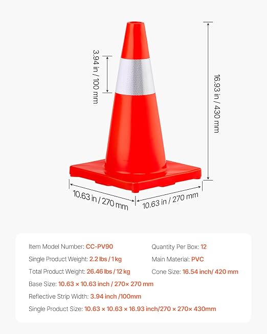 VEVOR 12Pack 18" Traffic Cones, Safety Road Parking Cones PVC Base, Orange Traffic Cone with Reflective Collars, Hazard Construction Cones for Home Traffic Parking