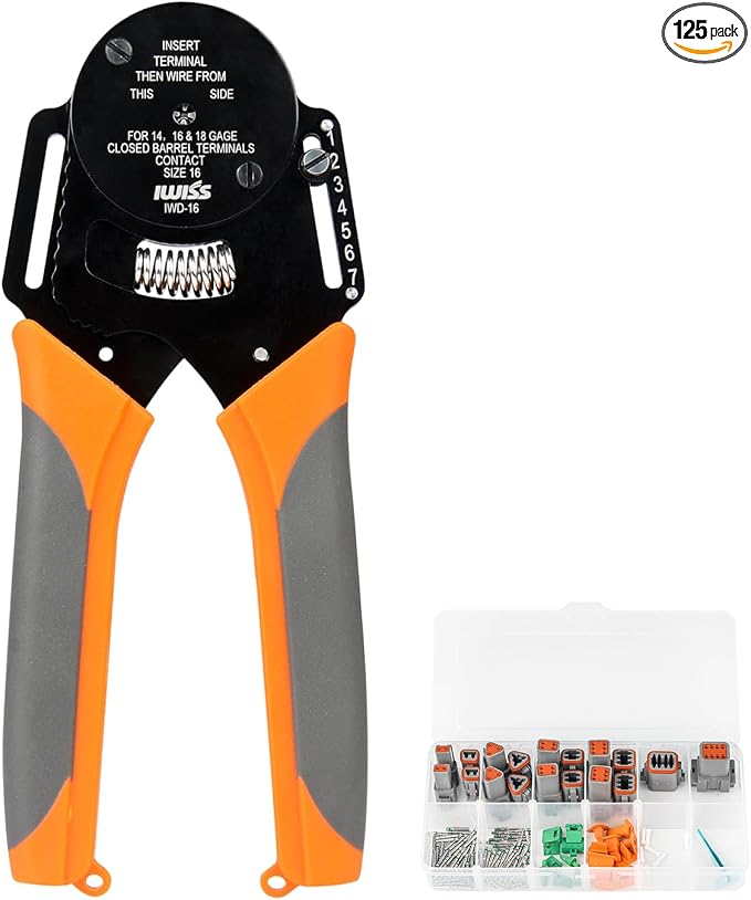 iCrimp Closed Barrel Crimper 4 Way Indent,8 Impression Type Deutsch Crimper for Solid Contacts Gage 14,16&18(IWD-16) with DT Connector Kit