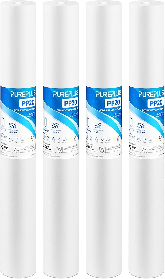 PUREPLUS 5 Micron 20" x 2.5" Whole House Sediment Home Water Filter, 20-inch Sediment Pre-Filtration, Replacement Cartridge Aqua Pure AP110-2C, Pentek P1-20/SP-P1-20/PX01-20, 4Pack