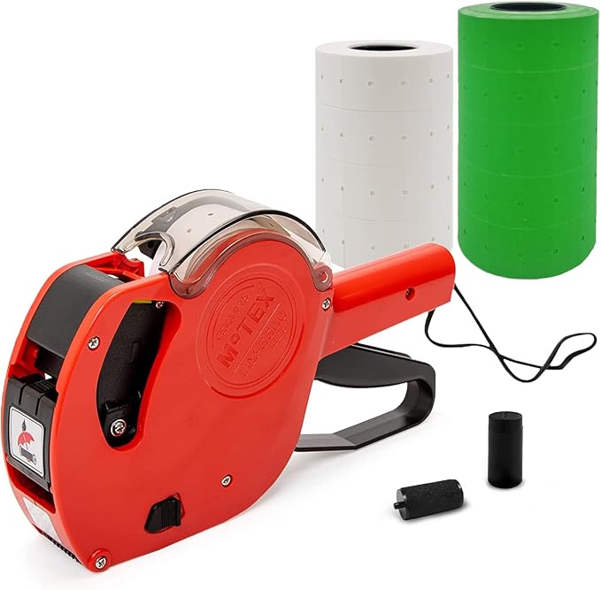 Motex Genuine MX-5500NEW 1 Line 8 Digits Price Tag Gun Kit - Includes 10,000 Blank Labels (White + Green) and 1 Pre-Loaded Inker with 1 Ink Refill - for Grocery Store, Retail Shop, Garage Sale