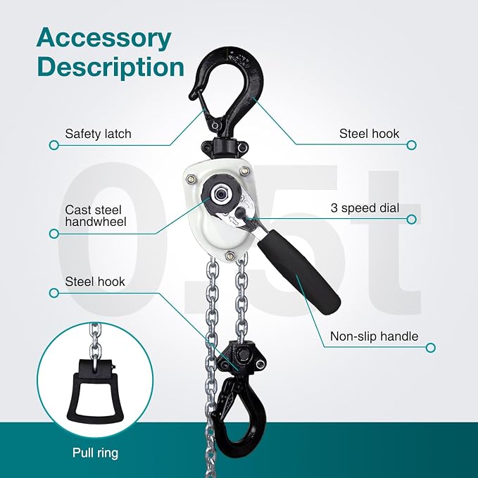 Mini Chain Hoist 1100lb TOYO Manual Lever Hoist 1/2 ton mini Puller 10ft Hand Lever Chain Hoist 3M Come Along Ratchet Lever Block Garages Warehouse Automotive Machinery