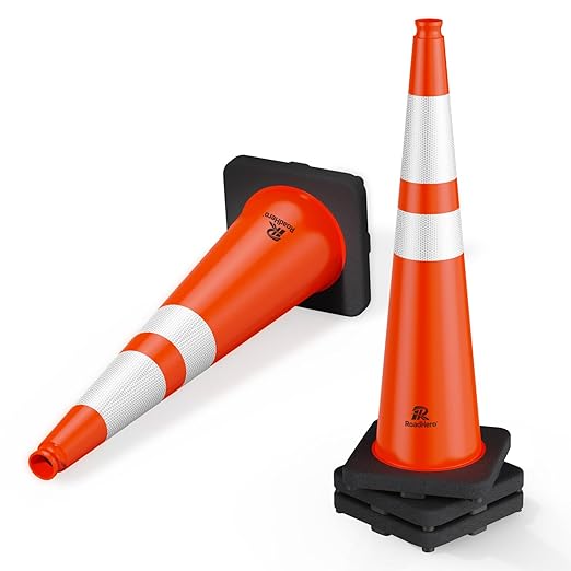 RoadHero 4 Pack Traffic Safety Cones 36 Inch with Black Weighted Base, Plastic PVC Cone, Orange Cones with Reflective Collar, Cones for Parking Lot, Construction Events, Road Safety