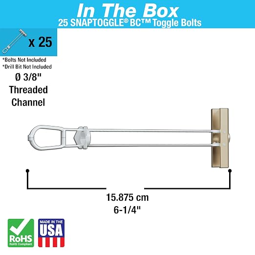 TOGGLER SNAPTOGGLE BC Toggle Anchor, Zinc-Plated Steel Channel, Made in US, 3/8" to 2-1/2" Grip Range, For 3/8"-16 UNC Fastener Size (Pack of 25)