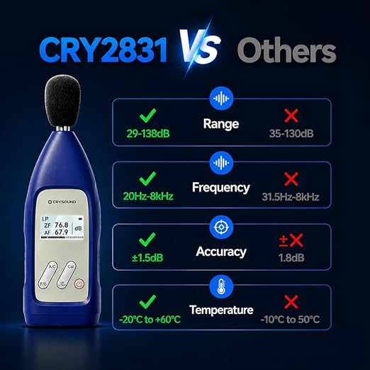 CRY2831 Class 2 Sound Level Meter with Calibration Certificate, 29-138 dB Professional Sound Meter, DC & Battery Powered Noise Meter for Industrial, Environmental, Workplace Noise Measurement | 20Hz-12.5kHz, A/C/Z Weighted, F/S Weighting
