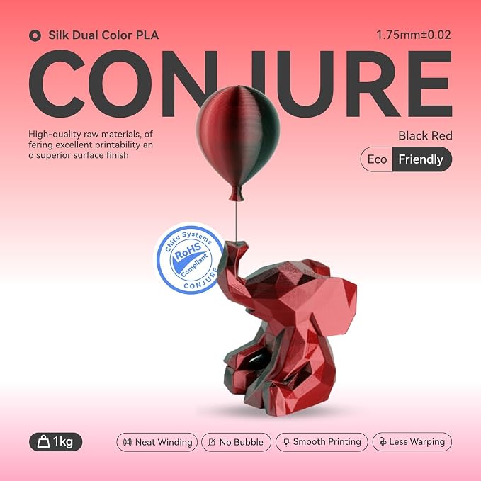Chitu Systems Conjure Silk Black Red PLA Filament 1.75mm, Shiny Dual Color Gradient 3D Printer Filament 1KG -Smooth Printing, No Clog, Using Reusable Spool Compatible with Bambu Lab Refill