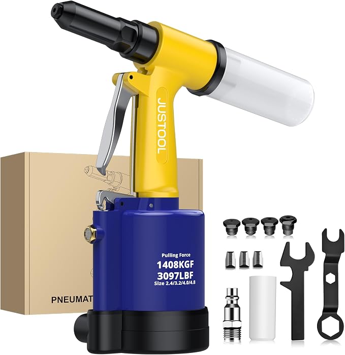 JUSTOOL Heavy Duty Pneumatic Rivet Gun 3097LBF Air Rivet Gun Set-3/32", 1/8", 5/32", 3/16" Air Riveter with NPT 1/4 inch Air Hydraulic Riveter for Automotive Construction Maintenance Industries & DIY
