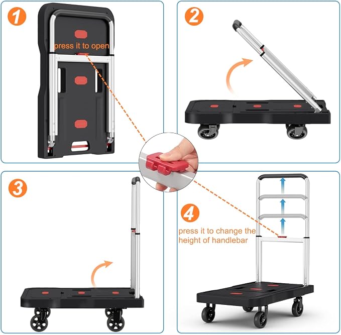 Platform Truck Foldable Push Cart Dolly 330lb Weight Capacity, Adjustable Hand Truck Handle with 360 Degree Swivel Wheels for Garage Garden Home & Office Use, Black