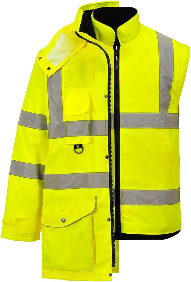 Portwest Hi-Vis 7in1 Jacket Viz Insulated Safety Visability Work Bomber Rain ANSI 3, Medium Yellow