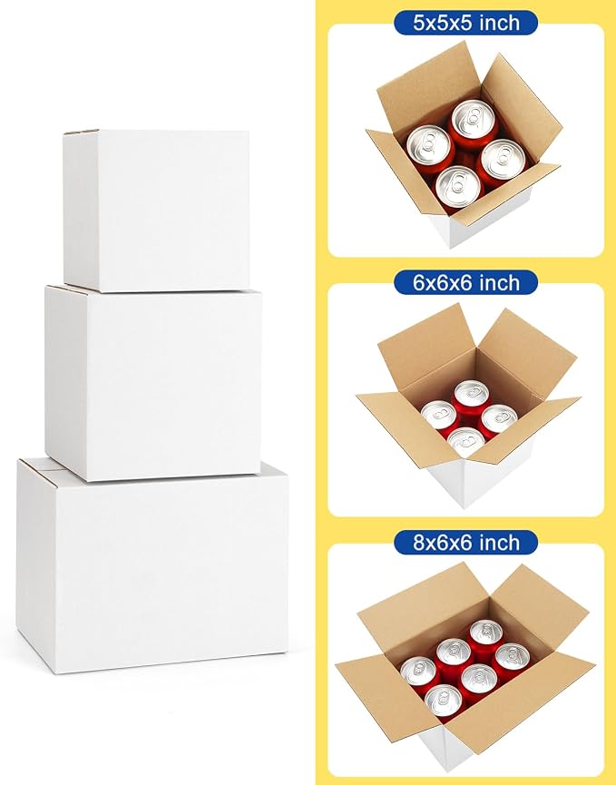 Assorted-Sizes-Shipping-Boxes-45-Pack: 5x5x5 & 6x6x6 & 8x6x6 Small-Shipping-Boxes-Mailers, White Corrugated-Cardboard-Boxes-for-Packing-Small-Business Mailing