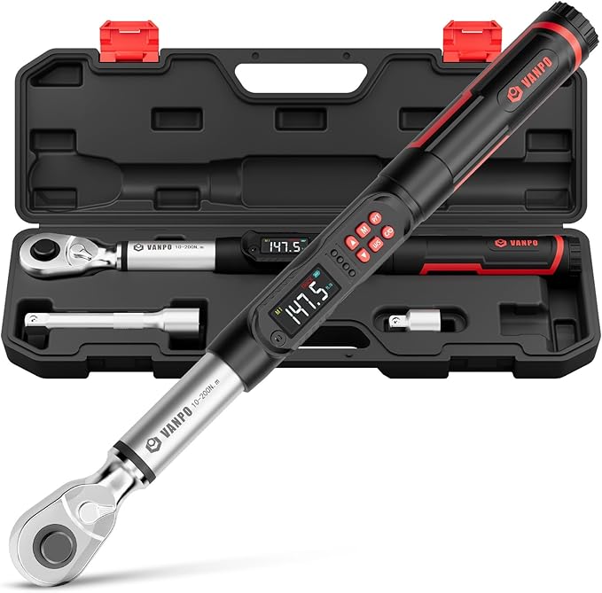 VANPO Digital Torque Wrench 1/2-Inch 7.38–147.5 ft-lb for Automotive | 10–200 Nm, ±2% Accuracy, Electronic Torque Wrench with LCD Display, Audible & Vibration Alert, Easy Battery Access