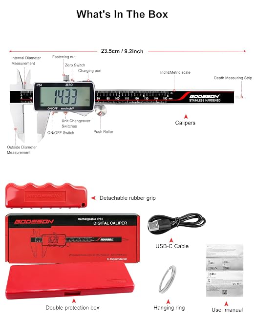 GODESON Digital Caliper, 6 Inch Rechargeable & Power Indicator Caliper Measuring Tool - 0.01mm Accuracy, Large LCD Vernier Calipers - IP54 & Full Stainless Steel, MM/Inch/F for Wood Working, DIY，3D