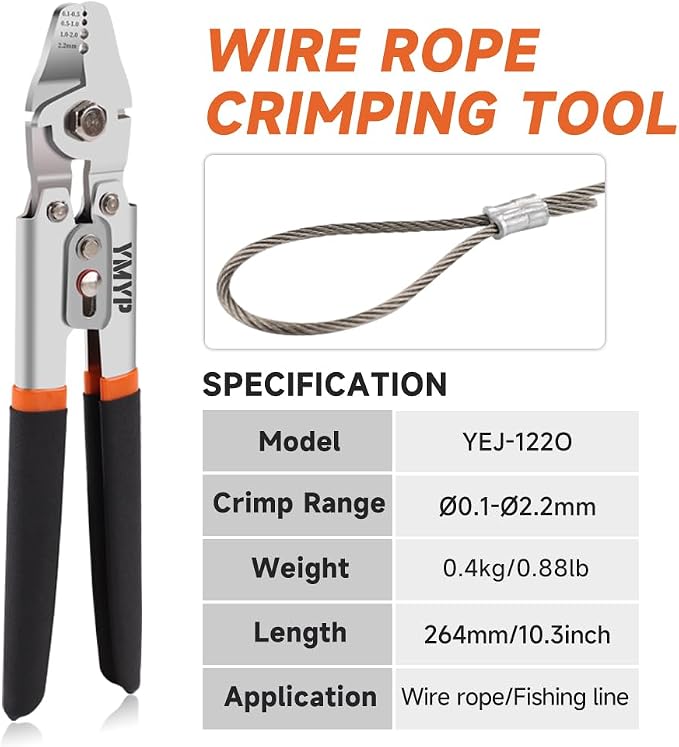 Up to 2.2mm Wire Rope Crimping Tool with 180 Pcs Sleeves & 10 Pcs Stainless Steel Thimbles Kit, 3 Sizes Aluminum Double Barrel Ferrule, Swaging Tool for Fishing Lines with Cutting Function