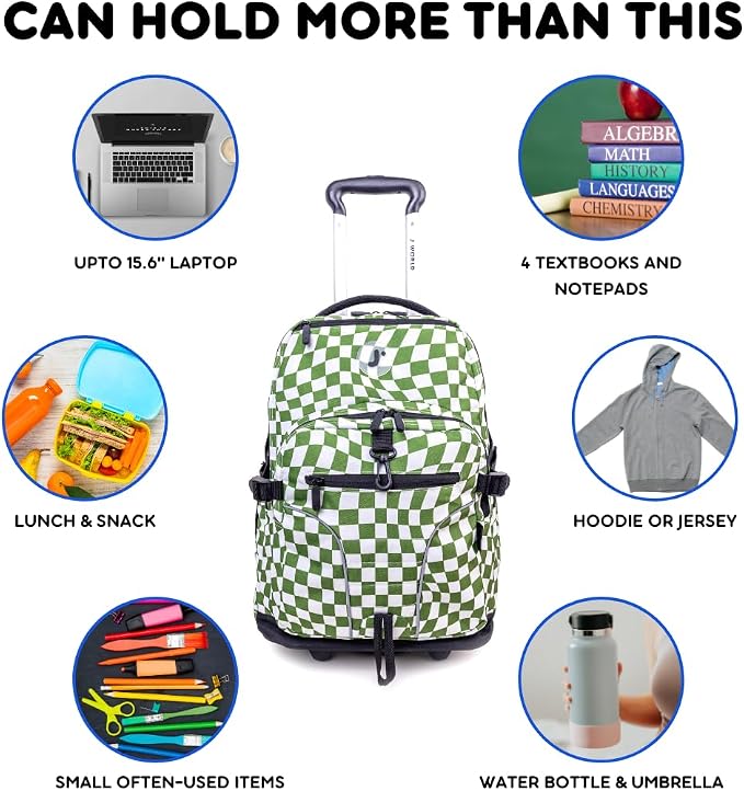 J World Lunar Rolling Backpack. Laptop Bag With Wheels. Wheeled Carry-On Travel Luggage, Matcha Checkers, 19.5 x 13 x 8 Inches