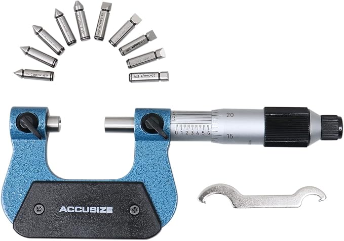 Accusize Industrial Tools 0-1'' by 0.001'' Screw Thread Micrometer with 5 Anvil in Fitted Box, S916-C750 | 5 Anvil Sets: 64-48, 44-28, 24-14, 13-9, 8-5 TPI, 0.0001" Resolution, ±0.00016" Accuracy