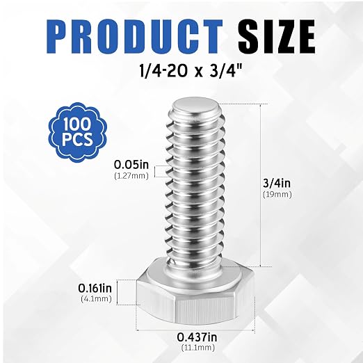 Zonon 100 Pcs 1/4-20 x 3/4" Hex Head Screw Bolt 18-8 (304) Stainless Steel Hexagon Bolts, Fully Threaded, Plain Finish, External Hex Drive (Silver)