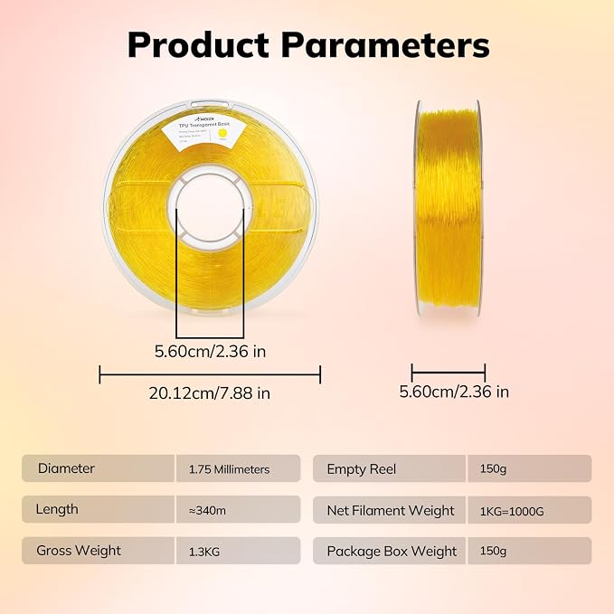 AMOLEN 95A TPU 3D Printer Filament 1.75mm, High Hardness & Resilience TPU Transparent Yellow Filament, 1KG Flexible 3D Filament, Dimensional Accuracy +/- 0.02mm, Suitable for Most FDM 3D Printers