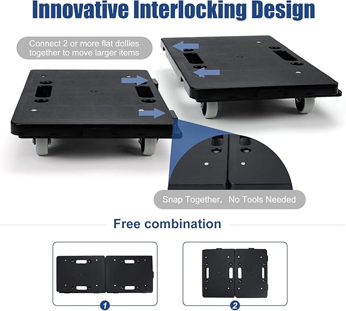 Furniture Movers with Wheels, Portable Moving Rollers Leg Dolly for Heavy Furniture, 4-Wheel Small Flat Dolly, 440 Lbs Capacity, 2-Pack, Black