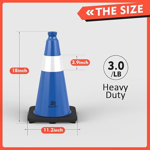 RoadHero 8 Pack Traffic Safety Cones 18 Inch with Black Weighted Base, Plastic PVC Blue Traffic Cone with Reflective Collar for Parking Lot, Construction Events, Road Safety
