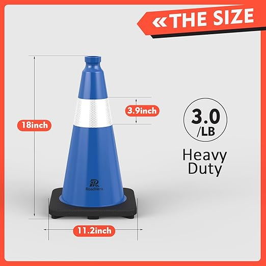 RoadHero 4 Pack Traffic Safety Cones 18 Inch with Black Weighted Base, Plastic PVC Blue Traffic Cone with Reflective Collar for Parking Lot, Construction Events, Road Safety