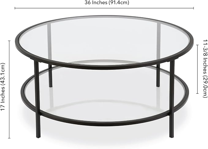 Henn&Hart 36" Wide Round Coffee Table with Glass Top in Blackened Bronze, Modern coffee tables for living room, studio apartment essentials