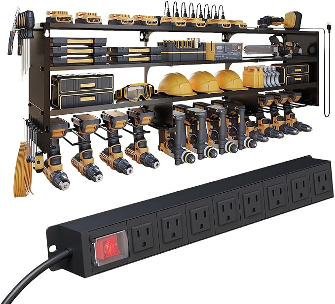 53" Power Tool Organizer Wall Mount with Power Strip, Black Heavy Duty Metal Tool Shelf, 400lbs Capacity for Cordless Drills, Batteries & Garage Storage (12 Slots with 8 Outlets Power Strip)
