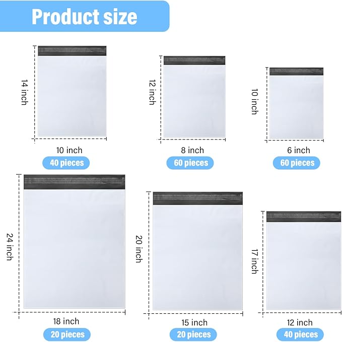 Outus 240 Pcs Poly Mailers Variety Size Pack Mailing Shipping Bags Assorted Sizes Shipping Envelopes Self Adhesive Waterproof and Tear Proof Packaging Bags for Clothing Book Gift(White,6 Sizes)