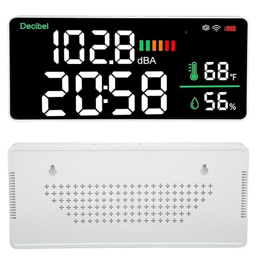 4 in 1 LED Decibel Meter Wall Mounted Sound Level Meter 11 Inch Large Display with Thermometer Hygrometer Clock for Noise Temperature Humidity Monitoring