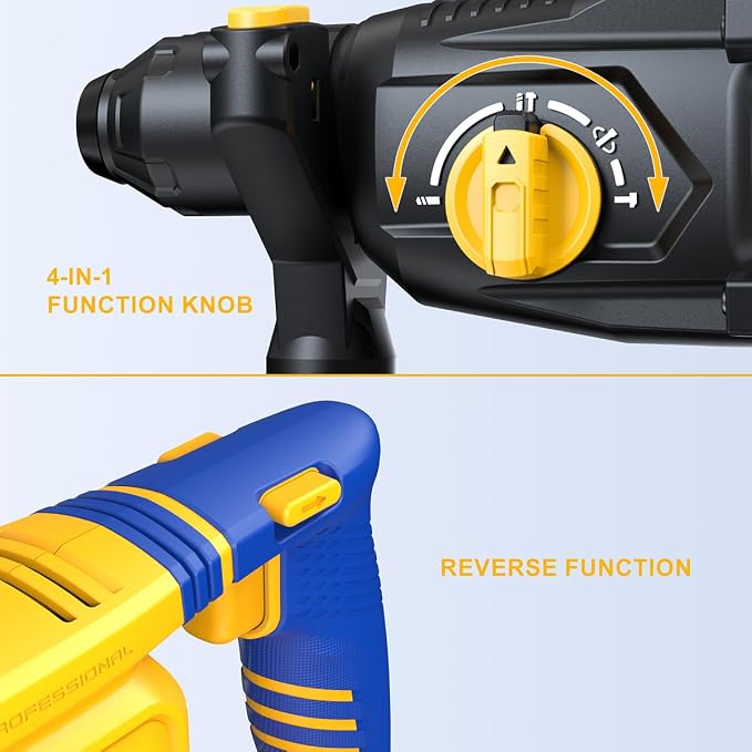 SDS-Plus Cordless Rotary Hammer Drill for Dewalt 20V Battery | Brushless Motor, Safety Clutch, 4 Functions, LED Light with Vibration Control, 5 Drills with Carry Bag（No Battery）