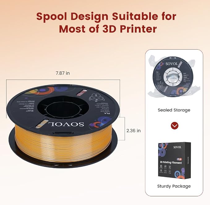 Sovol PLA Filament Silk Tri Color Co-Extrusion 1.75mm, 3D Printer Filament 1kg/ 2.2lbs, Shiny Silk Gold Silver Bronze 3 in 1 Coextrusion PLA Material +/-0.03mm
