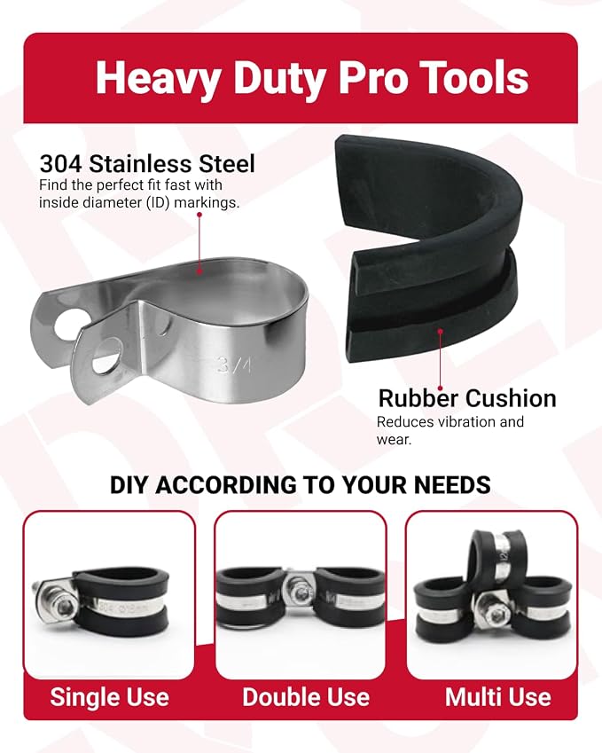 125PCS Satinless Steel Cable Clamps Assortment Kit, Rubber Coated Cushioned Insulated Cable Clamp P Clamp, 10 Sizes from 1/4", 3/8" to 5/8" & 1-3/4" for Metal Wire Clamp, Pipe Clamp, Hose Clamps