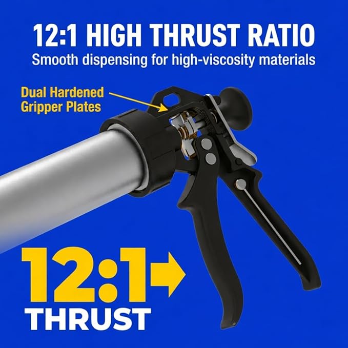 Heavy Duty Caulking Gun | 12:1 Manual Caulk Gun | 20oz Sausage Foil Pack Cartridges 600ml | No Drip Professional Calking for Painters, DIYers, Automotive, Contractors