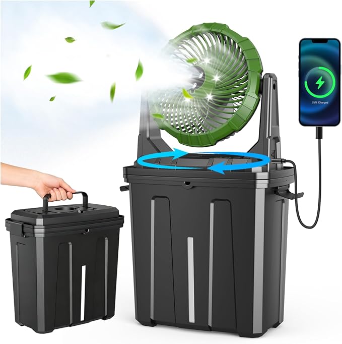 Ausic 2026 Upgraded 10″ 9L Oscillating Portable Misting Fan With Light, [Max 55Hrs] Golf Cart Mister Fan for Outside Patios, Outdoor Rechargeable Battery Operated Water Cool Fan-3 Spray Misters
